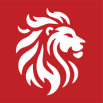 White stylized lion's head logo on a red background.