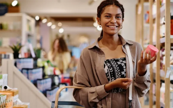 Woman in a store holds pink beauty product and smiles.