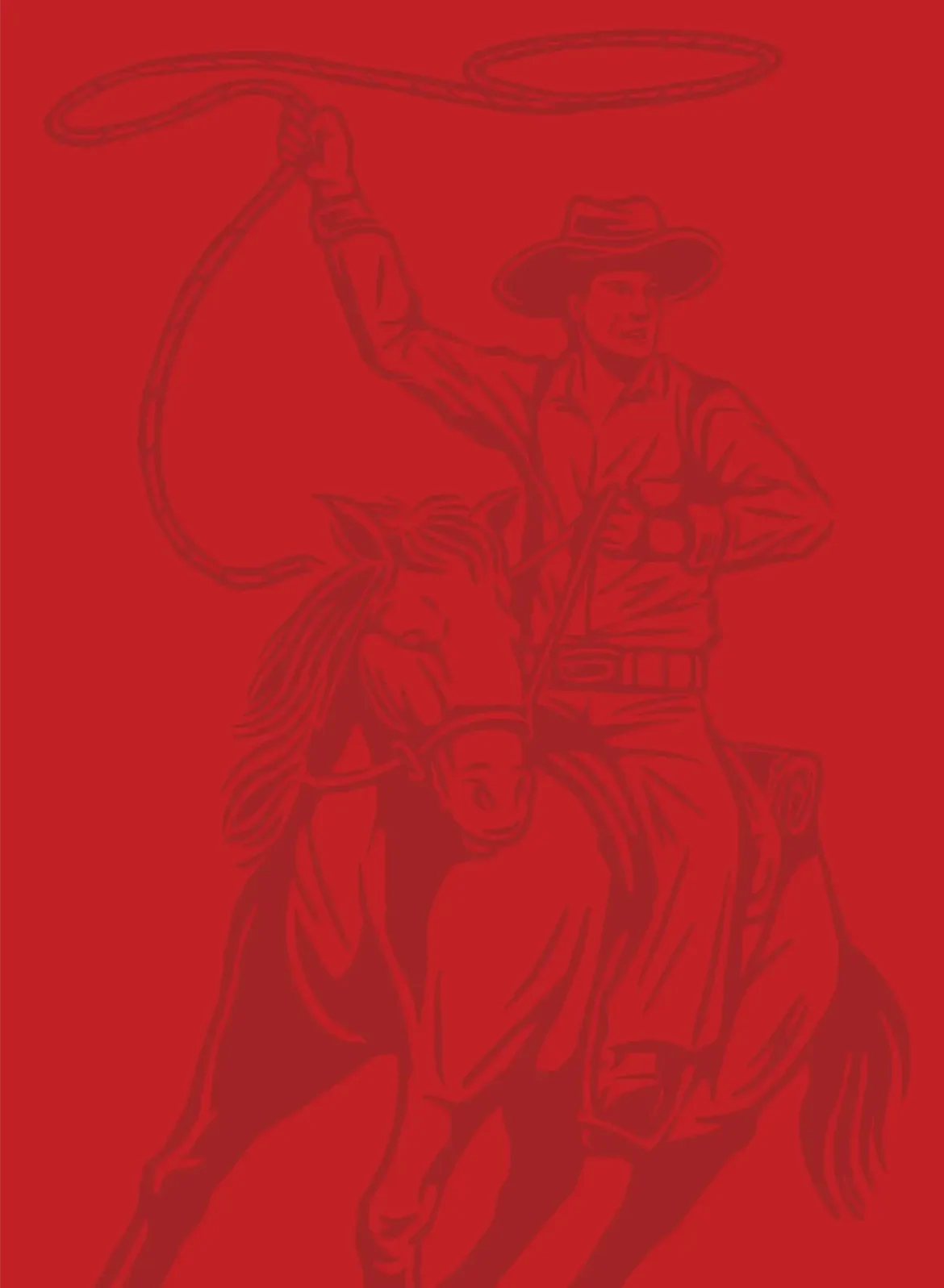 Cowboy on horseback swinging a lasso against a red background