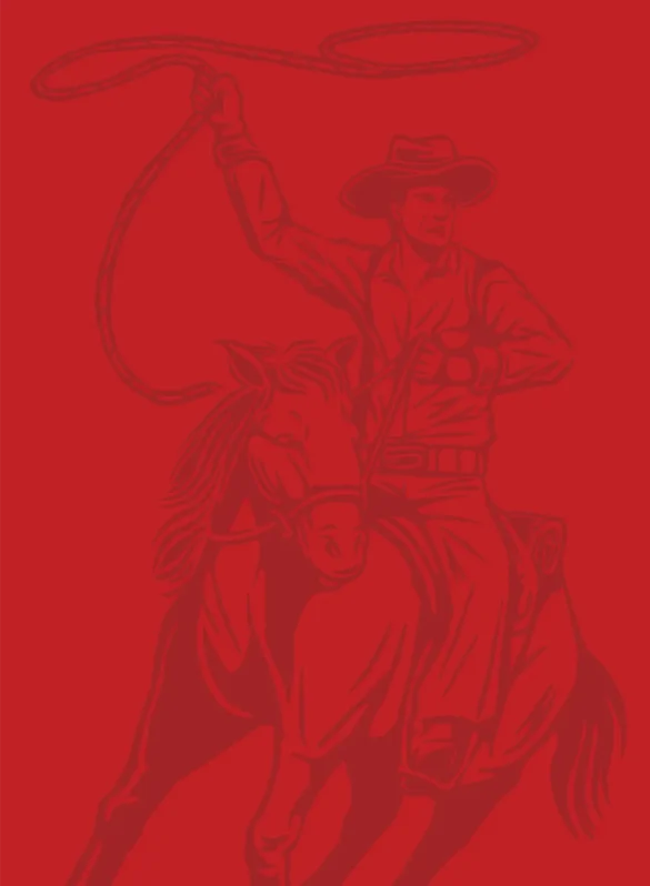 Cowboy on horseback swinging a lasso against a red background