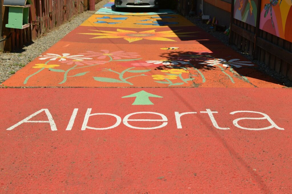 Red path with 'alberta' text, arrow, and colorful floral patterns
