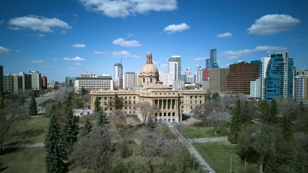 a view of a large building in the middle of a city