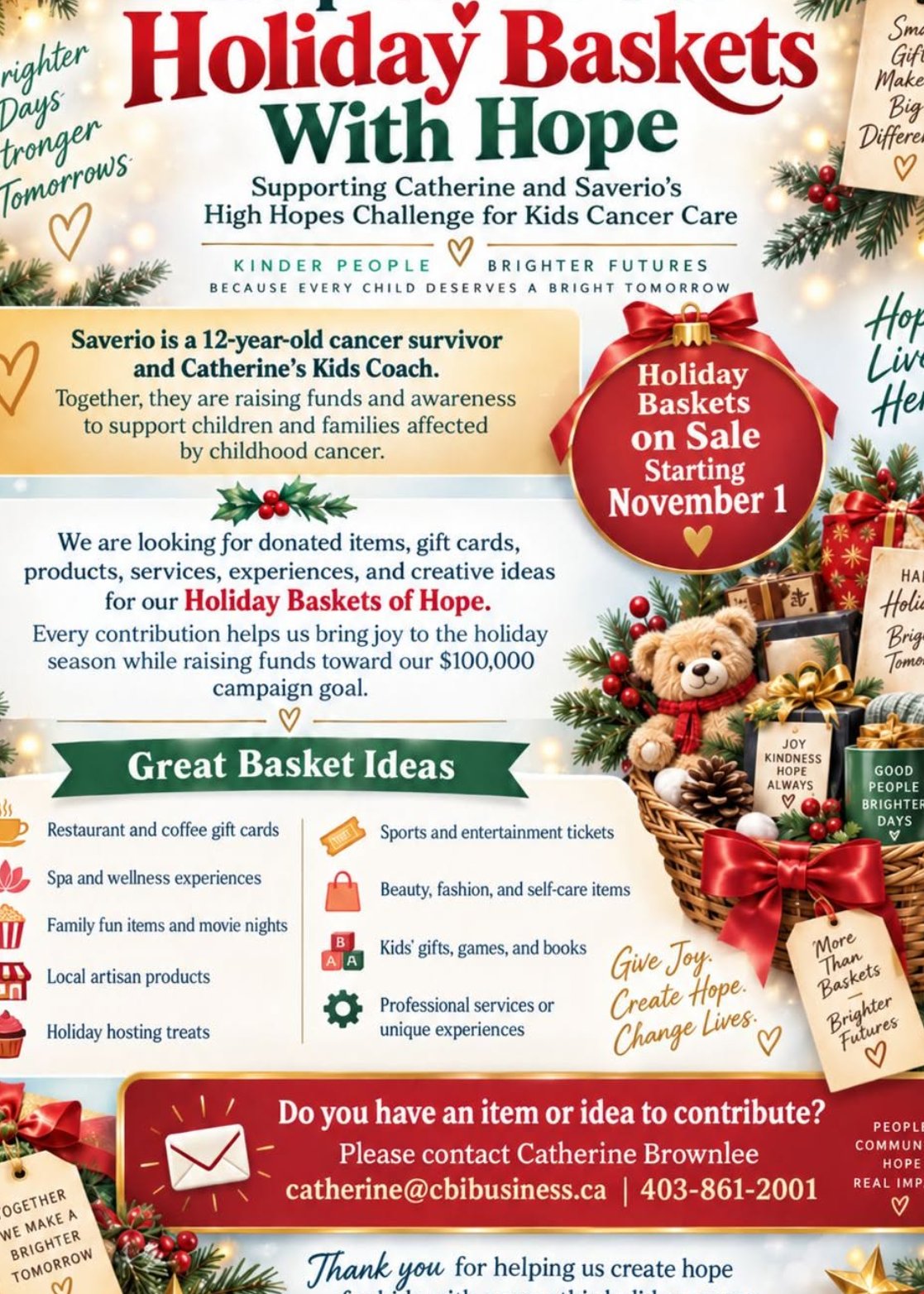 Holiday Baskets with Hope flyer supporting Kids Cancer Care