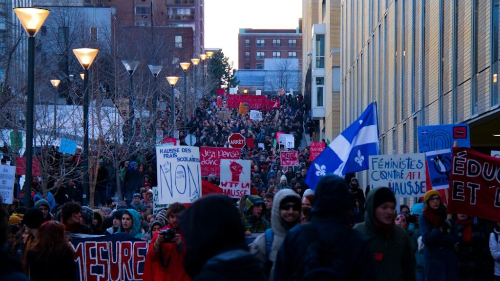a crowd of people holding signs and flags